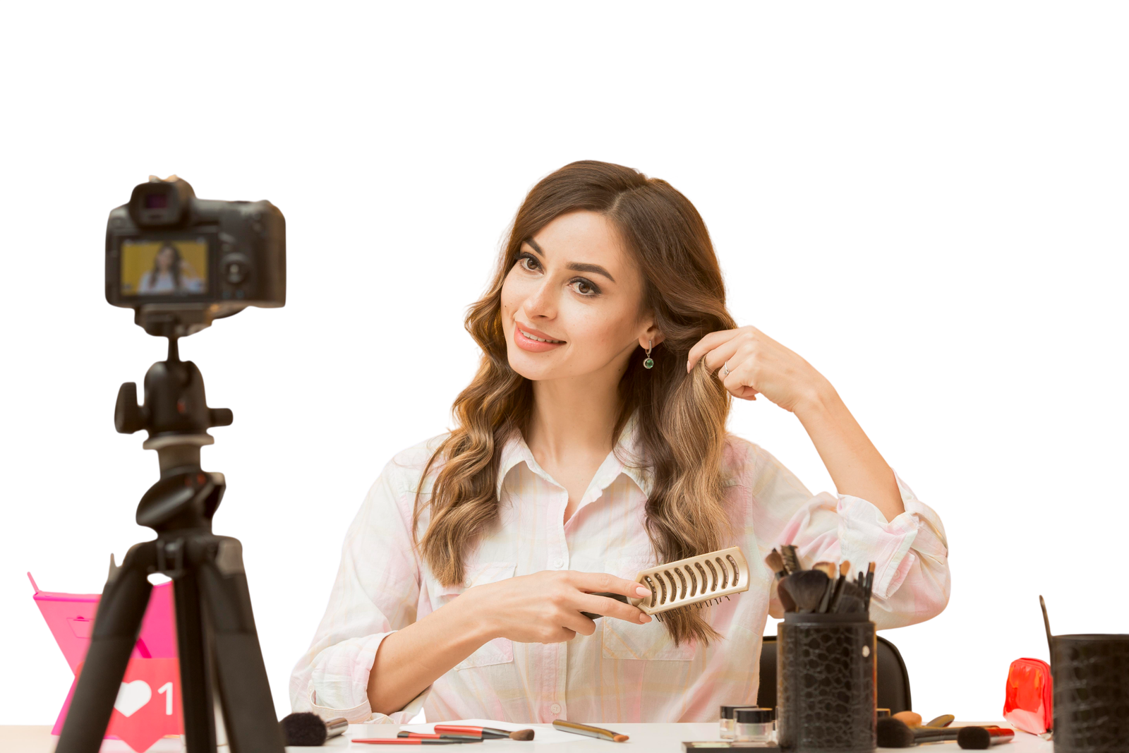 beautiful blogger brushing hair camera photoroom